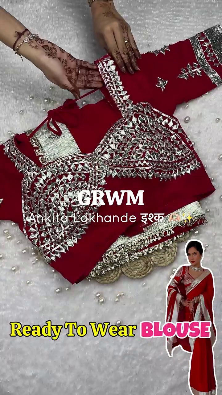 Crimson Mirror-Work Heritage Saree Set - Image 2
