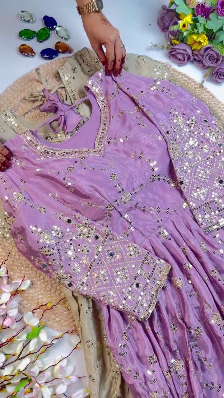 Grand Champagne Mirror-Work Anarkali Set - Image 6