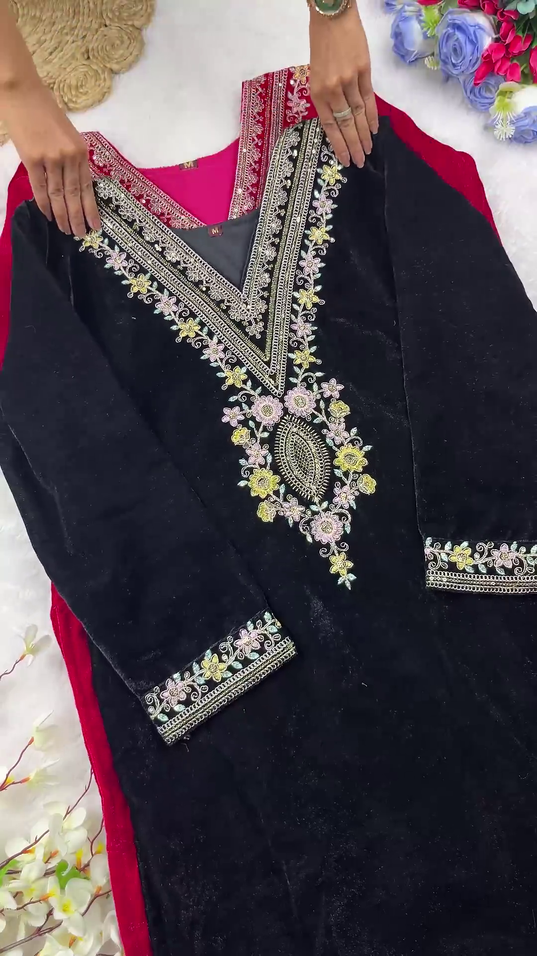 Royal Magenta Velvet Embellished Suit Set - Image 4