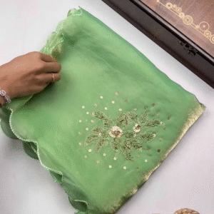 Mint Green Shimmer Silk Saree with Scalloped Zari and Sequin Accents