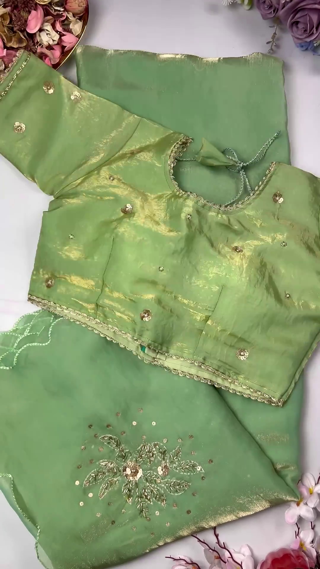 Luminous Shimmer Silk Saree with Hand-Embroidered Floral Zari Butta - Image 4