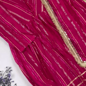 Jewel-Toned Gown with Lurex Stripes and Mirror-Work V-Neck