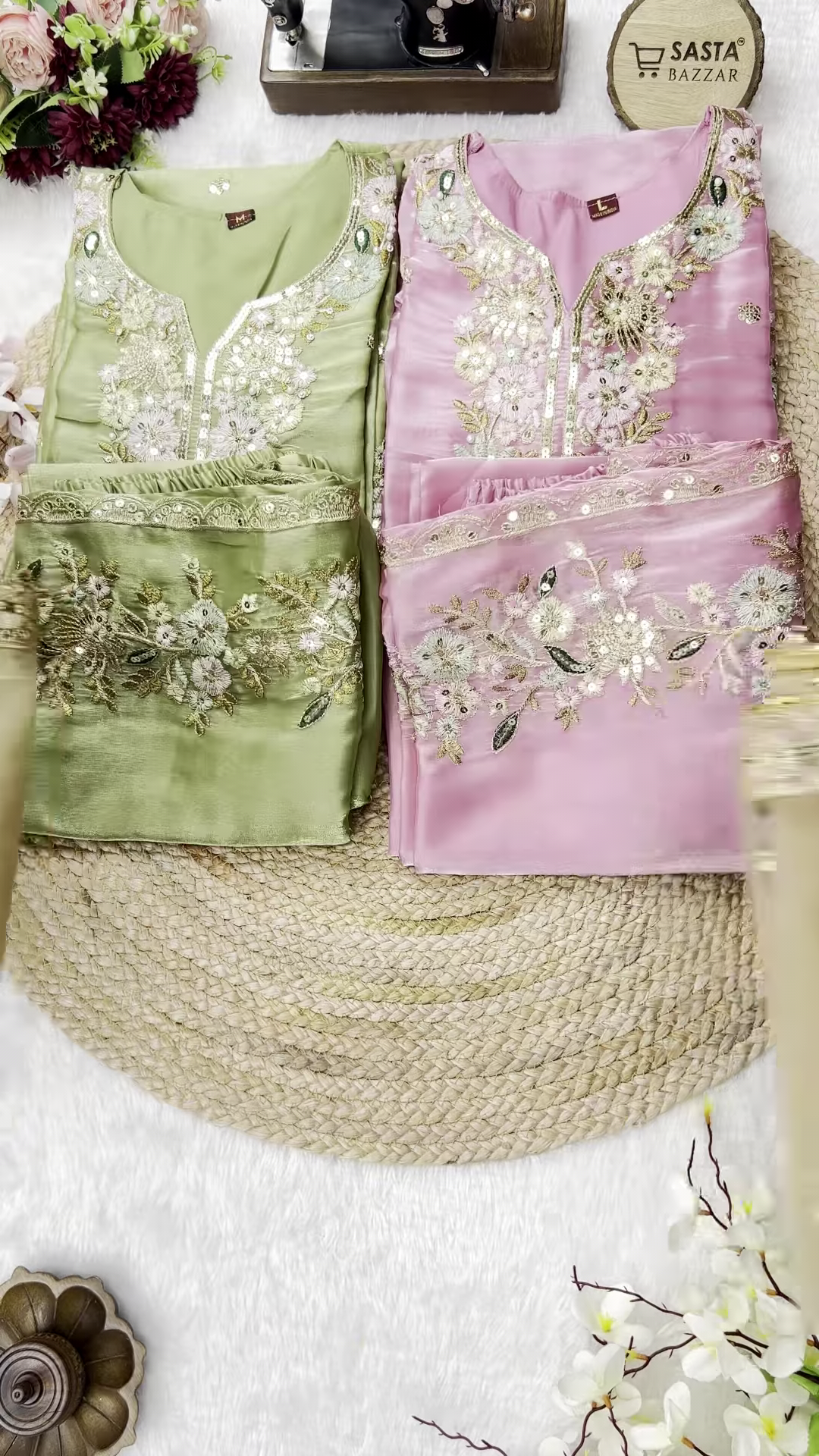 Exquisite Organza Silk Suit with Hand-Embroidered Floral Neckline and Scalloped Borders - Image 2