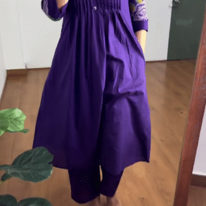 Purple Cotton Kurta Set with Embroidered Sleeves