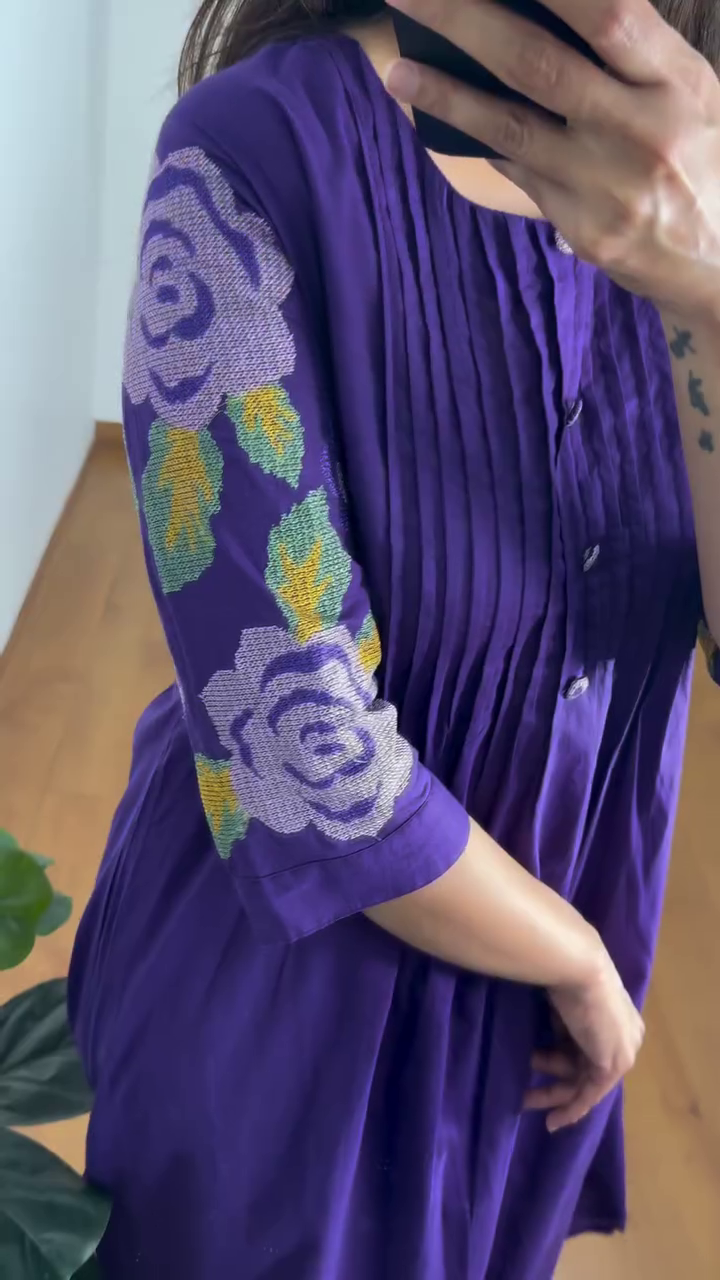 Purple Cotton Kurta Set with Embroidered Sleeves - Image 3