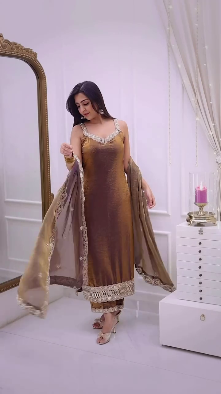 Golden Brown Embroidered Ethnic Suit with Dupatta - Image 2