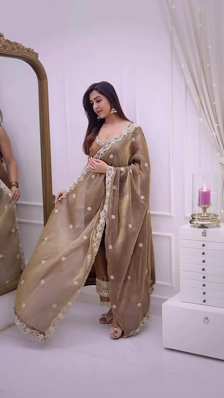 Golden Brown Embroidered Ethnic Suit with Dupatta