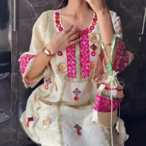 Beige Mirror Work Kurta Set with Pink Accents & Potli Bag