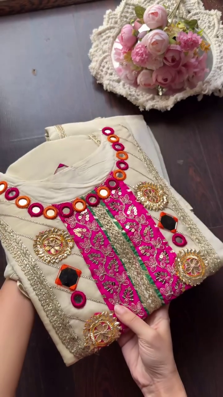 Beige Mirror Work Kurta Set with Pink Accents & Potli Bag - Image 2