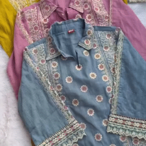 Floral Embroidered Kurta Collection – Mustard, Pink & Blue