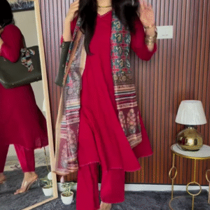 Crimson Red Kurta Set with Printed Ethnic Jacket