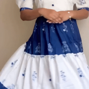 Blue & White Floral Printed Tiered Midi Dress