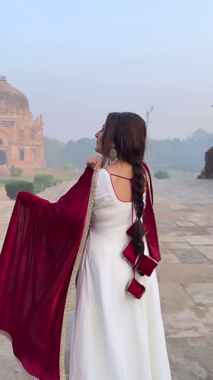 Ivory Elegance Anarkali with Velvet Shawl - Image 3