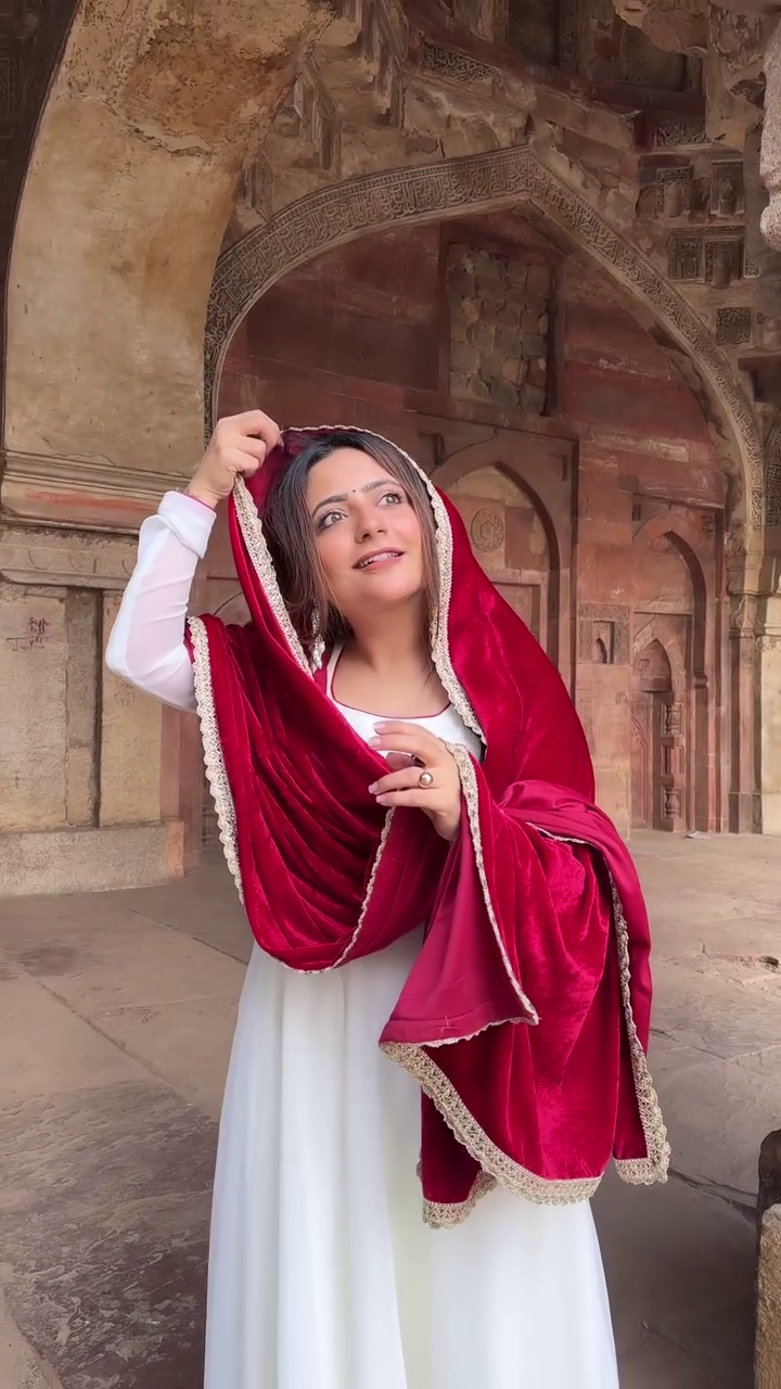 Ivory Elegance Anarkali with Velvet Shawl - Image 2