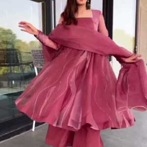 Dusty Rose Flared Kurta Set with Dupatta