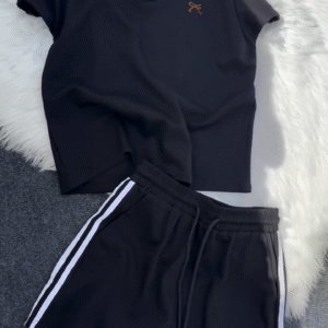 Women’s Black Polo Collar T-Shirt & Striped Shorts Co-ord Set