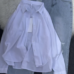 Women’s Casual Layered Outfit – White Tank, Black Button-Up Shirt & Distressed Light-Wash Jeans