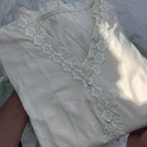 Women’s Lace-Trimmed V-Neck Blouse with Pearl Buttons