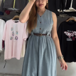 Sleeveless Denim Button-Down Midi Dress with Belt