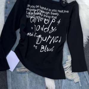 White Graphic Long-Sleeve Top & Washed Blue Denim Jeans Set