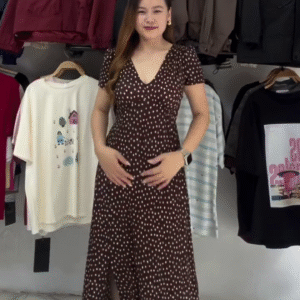 Brown Polka Dot V-Neck Maxi Dress