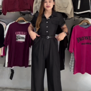 Black Short-Sleeve Button-Down Jumpsuit with Belt