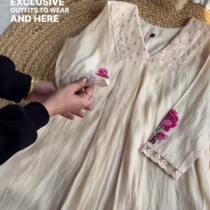 Elegant Ivory & Pink Floral Embroidered Flared Dress