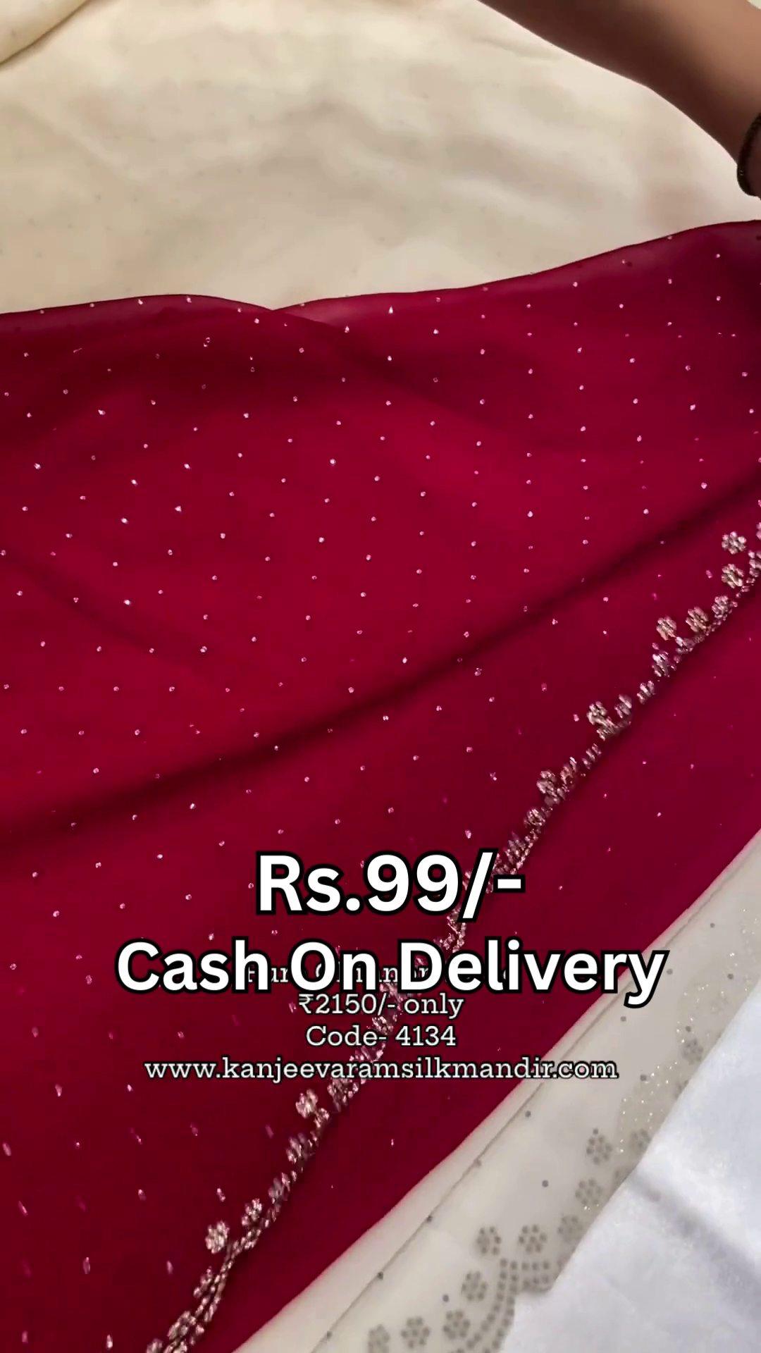 Ivory Starlight Saree with Ruby Velvet Accents - Image 2
