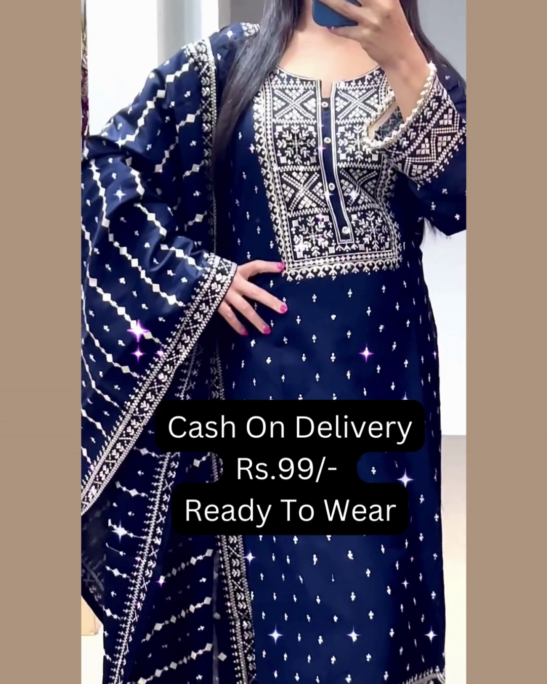 Midnight Blue Silk Suit with Geometric Silver Artistry