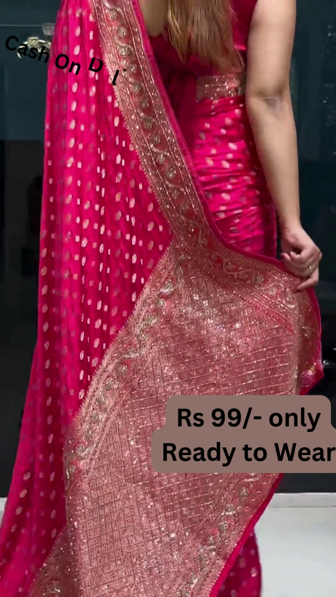 Vibrant Pink Polka Dot Saree with Gilded Lace Border - Image 2