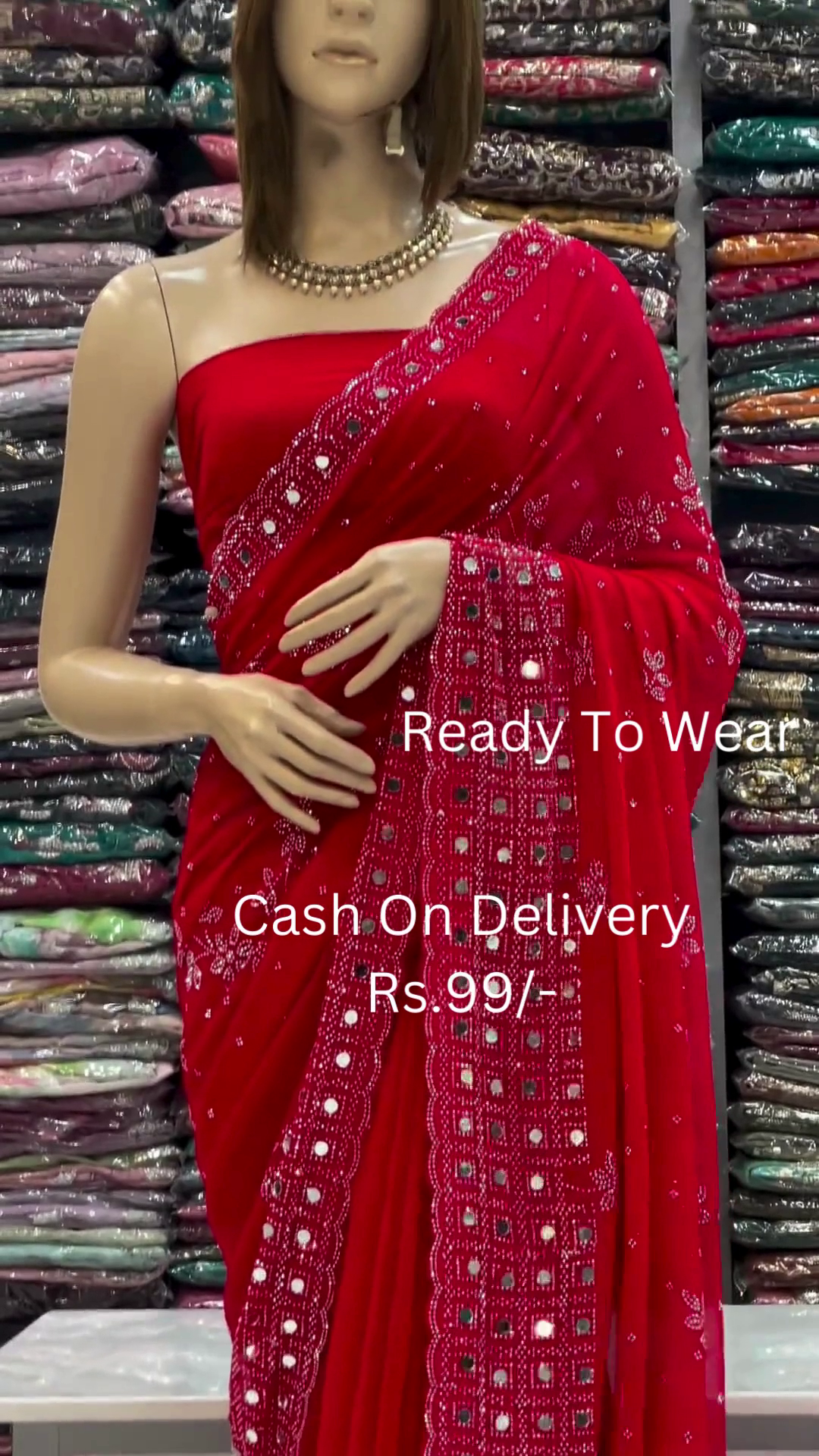 Crimson Radiance: Embroidered Mirror-Work Saree - Image 2