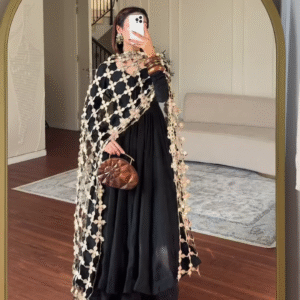 Ebony Elegance: Flared Anarkali with Statement Cutwork Dupatta