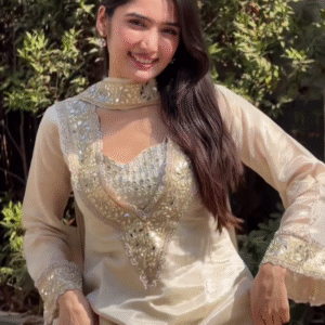 Champagne Elegance: Mirror-Work Silk Sharara Set