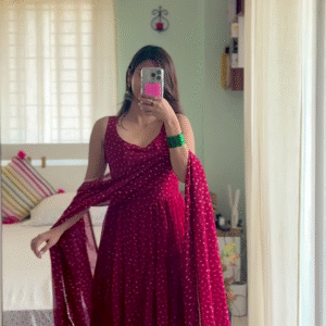 Wine Radiance: Bandhani Print Georgette Anarkali Gown