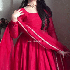 Crimson Blossom: Embroidered V-Neck Cotton Kurti Set