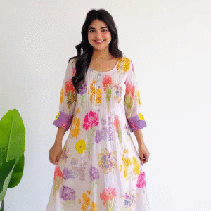 Meadow Serenade: Pleated Floral Cotton A-Line Suit Set