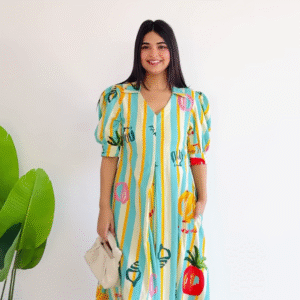 Resort Vibe: Striped Tropical Puff-Sleeve Midi Dress