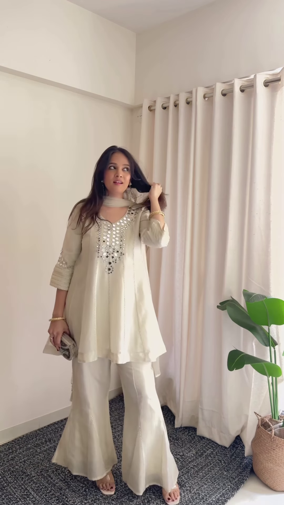 Ivory Luminescence: Mirror-Work Flared Tunic & Sharara Set - Image 2
