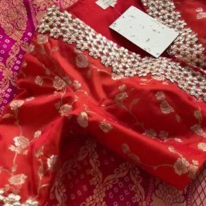 Red and Pink Banarasi Silk Lehenga Set with Mirror Work Blouse
