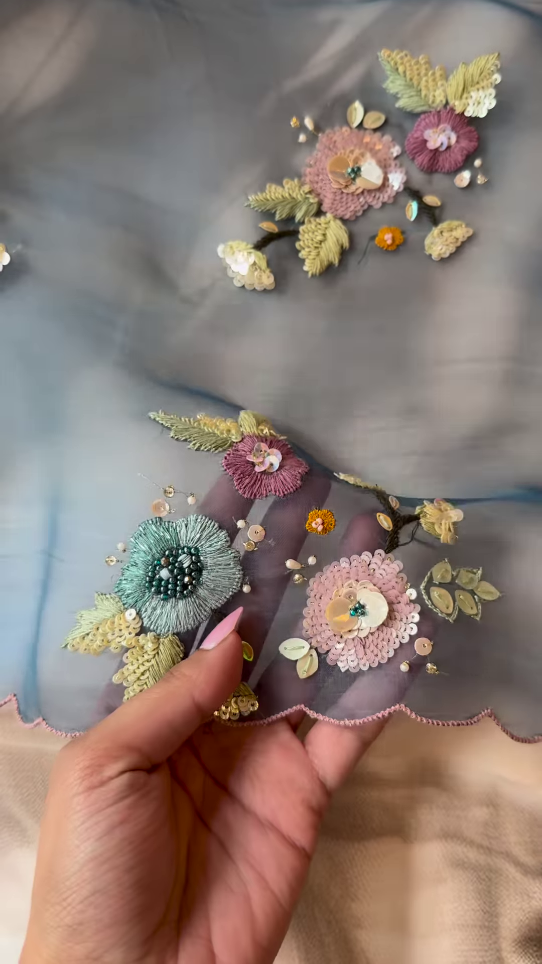 Pastel Hand-Embroidered Floral Organza Fabric - Image 2