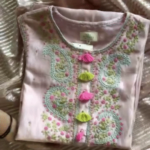 Pastel Pink Paisley Embroidered Kurta with Tassel Accents