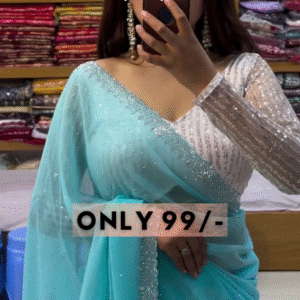 Aquamarine Glitz: Sequined Blouse & Georgette Saree Set