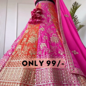 Sunset Blossom: Zari Embroidered Pink & Orange Lehenga Choli Set