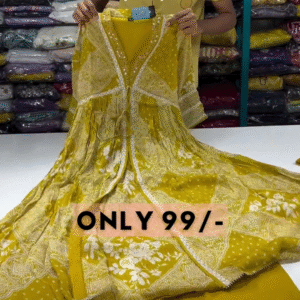 Olive Bloom: Angrakha-Style Printed Anarkali Kurta & Trouser Set