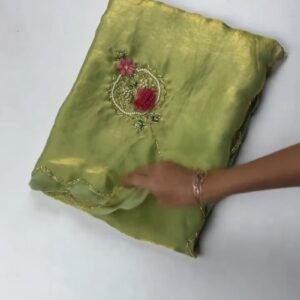 Floral Motif Embellished Shimmer Organza Saree – Available in Lime Green, Sky Blue, Cream, Red, Purple, Teal, Forest Green & Fuchsia