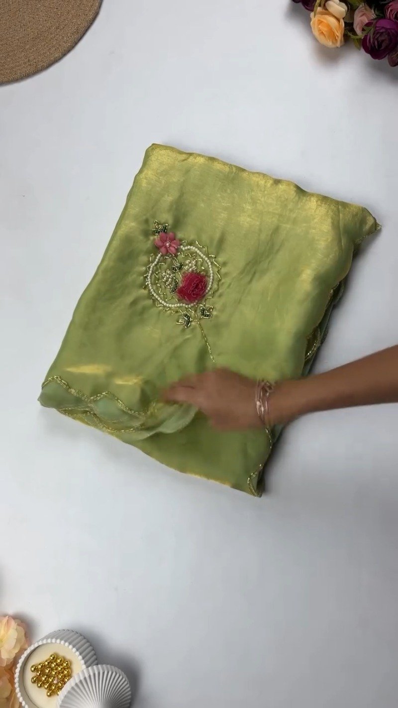 Floral Motif Embellished Shimmer Organza Saree β Available in Lime Green, Sky Blue, Cream, Red, Purple, Teal, Forest Green & Fuchsia