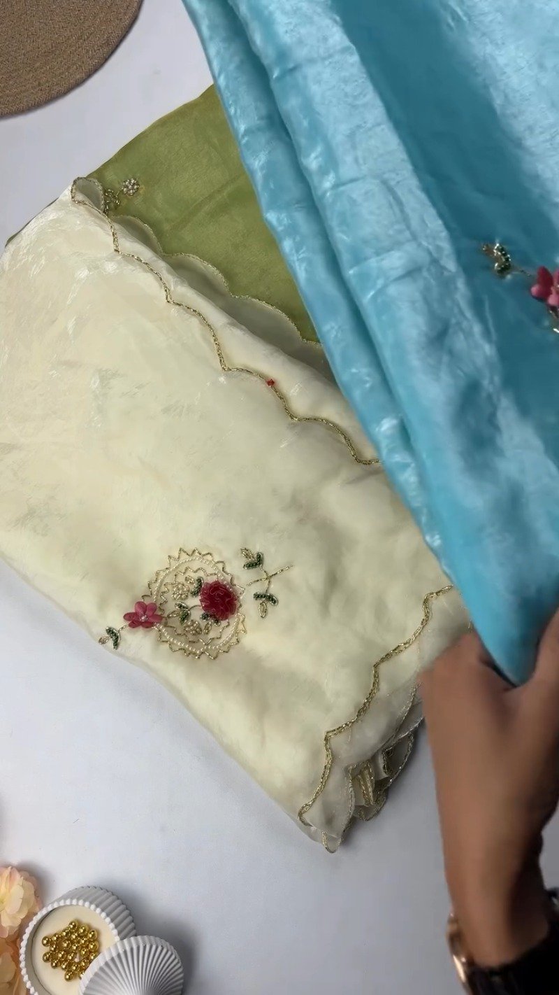 Floral Motif Embellished Shimmer Organza Saree β Available in Lime Green, Sky Blue, Cream, Red, Purple, Teal, Forest Green & Fuchsia - Image 2