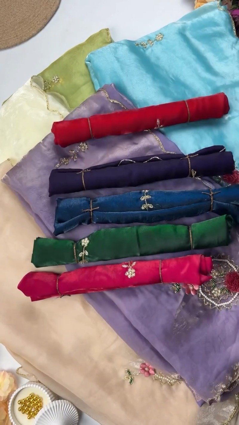 Floral Motif Embellished Shimmer Organza Saree β Available in Lime Green, Sky Blue, Cream, Red, Purple, Teal, Forest Green & Fuchsia - Image 3