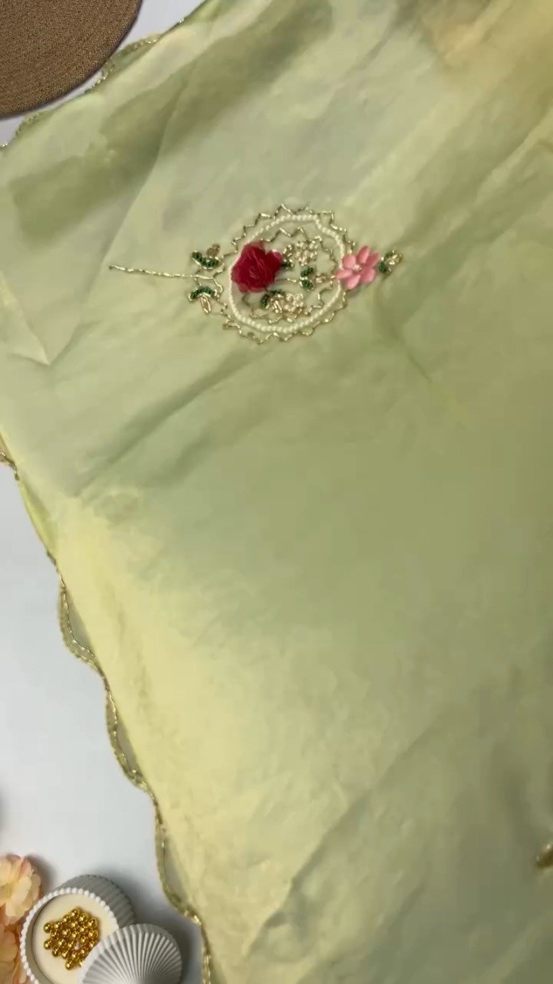 Floral Motif Embellished Shimmer Organza Saree β Available in Lime Green, Sky Blue, Cream, Red, Purple, Teal, Forest Green & Fuchsia - Image 4