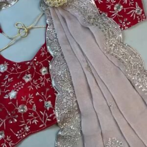 Enchanting Scalloped Organza Saree with Hand-Embroidered Velvet Blouse – Available in Red & Beige